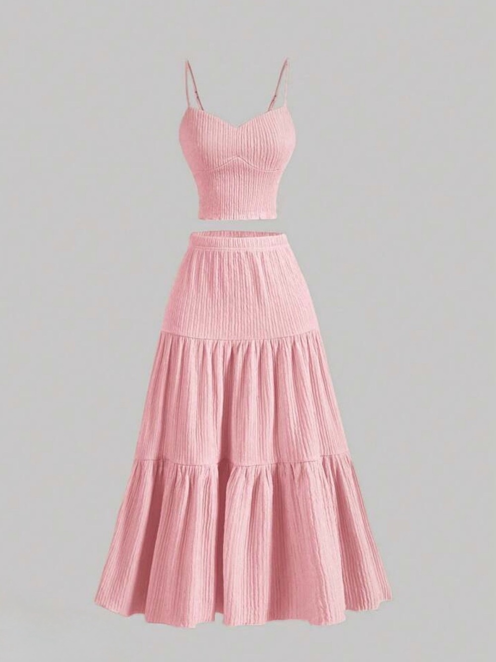 Women's Pink Two-Piece Smocked Crop Top & Tiered Maxi Skirt Set